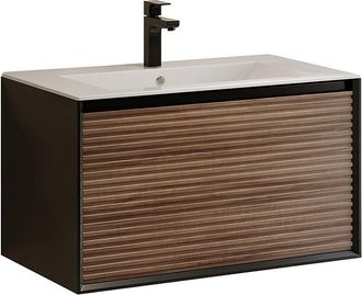 Vente-Unique Mueble de ba&ntilde;o suspendido estriado con lavabo encastrado y grifo - Color madera oscura natural y negro - 80 cm - BANIVA