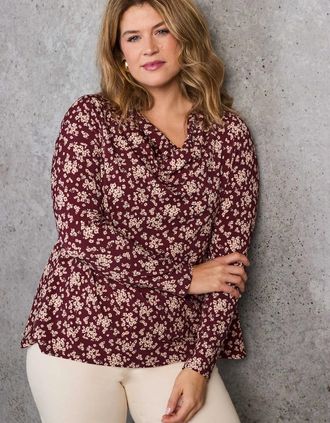 Live Unlimited London Womens Red Ditsy Floral Jersey Cowl Neck Top - Size: 16