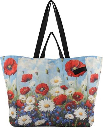 Generic Daisies Flower White pattern Reusable Canvas Tote Bag, Heavy Duty Grocery Shopping Bag with Hard Bottom Large Capacity Double Handles Work Groceries T