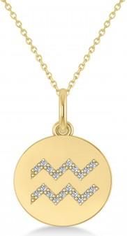 Allurez Diamond Aquarius Zodiac Disk Pendant Necklace 14k Yellow Gold (0.10ct)