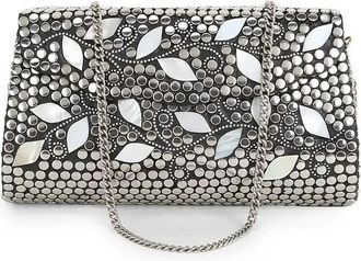 Generic silver and white womens mosaic metal clutch crossbody bag bohemian pattern with silver chip embossed gift item
