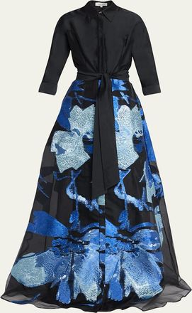 Teri Jon Taffeta and Floral Jacquard Organza Shirt Gown