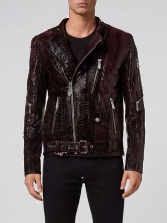 Philipp Plein Giacca biker in pelle di pitone con chiusura asimmetrica