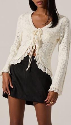 ASTR the Label Lacey Ruffle Pointelle Tie-Front Cardigan in Cream at Nordstrom Rack, Size X-Small