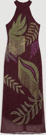 Karen Millen Womens Tropical Beaded Strappy Back Woven Halter Maxi Dress - Purple - Size 10 UK