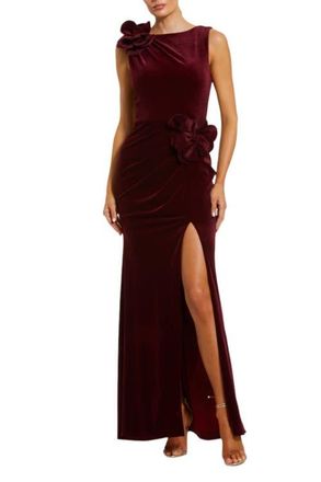 Mac Duggal High Neck Velvet Column Dress With 3D Flowers in Burgundy at Nordstrom, Size X-Small