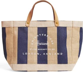 Harrods Striped Canvas Knightsbridge Shopper Bag, Navy and Natural, Leather Handles