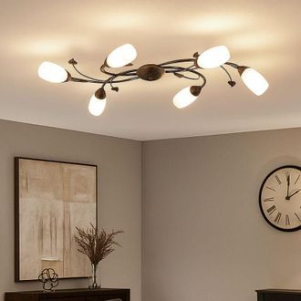 Nowa Plafoniera 6 foglie di fiamma design plafoniera color ruggine da soggiorno, vetro aspetto alabastro, 6x E14, LxLxH 55 x 106 x 22 cm