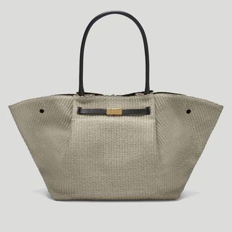 DeMellier The New York in Deep Taupe Raffia & Black Smooth Leather Shoulder bag