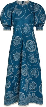 Alemais Alemais Lucky Printed Linen Midi Dress - Blue - 16 (UK16 / XL)