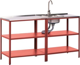 Beliani 2 Piece Outdoor Kitchen Set Red Stainless Steel 2 Kitchen Islands Sink Single Lever Outdoor Kitchen Cooking Station VILAMA