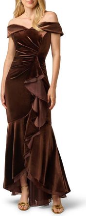 Adrianna Papell Ruffle Off the Shoulder Velvet Gown in Dark Brown at Nordstrom, Size 16