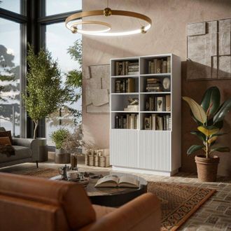 Dmora Librer&iacute;a Miniato, Estanter&iacute;a Con Compartimentos Abiertos Y Dos Puertas, Dise&ntilde;o Moderno Y Minimalista, 172x40 H100 Cm, Color Blanco