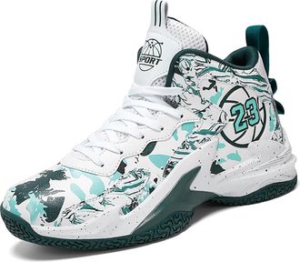 Generic Unisex Breathable Basketball Shoes Anti Slip Wear-Resistant Sports Boots with Grip Walking Shoes(White Green,3.5 UK)