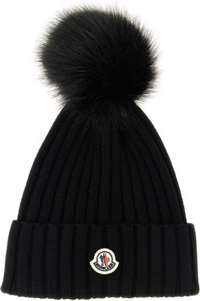 Moncler Black Pompon Logo Beanie Hat