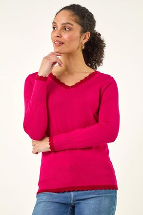 Roman V-Neck Scallop Hem Knit Jumper