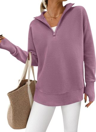 PrettyGarden Womens Long Sleeve Quarter Zip Pullover Sweater Casual Loose V Neck Collared Ribbed Knit Jumper Tops Thumb Hole, Light Purple, XL