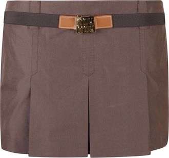 Miu Miu Rokken, Dames, Bruin, M, Katoen, Panama Geplooide Mini Rok Met Riem