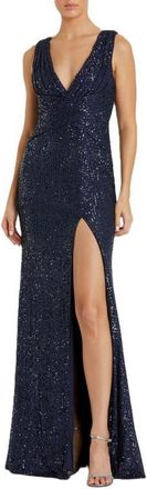Mac Duggal V-Neck Sequin Wrap Waist Gown in Midnight at Nordstrom, Size 12