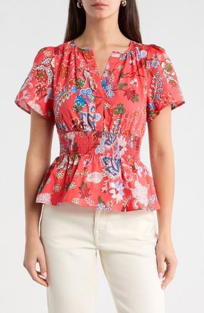 Sugarlips Oreanna Floral Sarina Smocked Top in Coral-Blue at Nordstrom, Size X-Small