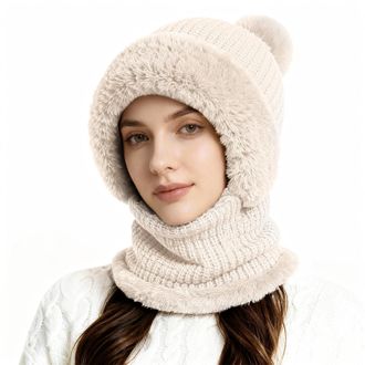Generic 3 in 1 Hat for Women Winter Cap with Neck Warmer Scarf Mask Hats for Outdoor Skiing Hiking Winter Snow Caps Plush Hat Beige