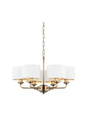 Netlighting Highclere Multi Arm Shade Pendant Ceiling Lamp Antique Brass Plate Vintage White Fabric in Gold