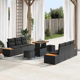 vidaXL Vidaxl - Conjunto De Sof&aacute; De Jard&iacute;n Con Coj&iacute;n 9 Pcs Negro Polirat&aacute;n