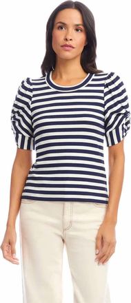 Karen Kane Nayeli Stripe Twist- Sleeve Top In Navy/white