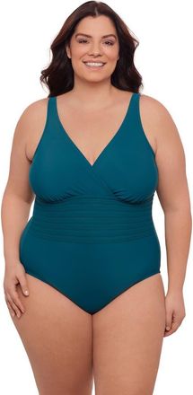 Aqua Green Plus Size V-Neck Surplice Trim Overlay Full Coverage One-Piece Swimsuit in Lagoon at Nordstrom, Size 1X