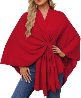 Generic Elegant Shawl Wraps Soft Open Front Poncho Sweater, for Spring Fall Winter, Cross Front Poncho Shawl Cape for Holiday Travel (Red)