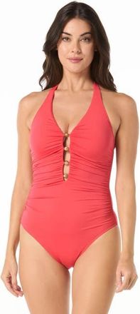 Carmen Marc Valvo Shirred Front Beaded Plunge One-Piece Swimsuit in Grenadine at Nordstrom, Size 12
