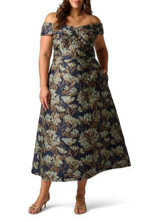 Adrianna Papell Metallic Floral Jacquard Off the Shoulder Gown in Navy/Teal Multi at Nordstrom, Size 18W