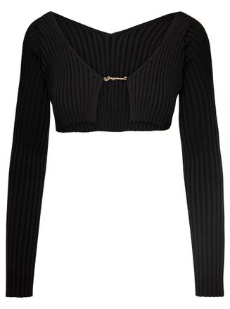 Jacquemus La Maille Pral&ugrave; Black Cropped Cardigan With Golden Logo In Stretch Viscose Woman
