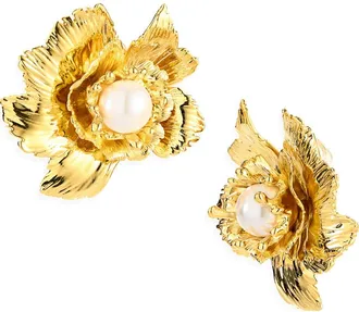 Oscar De La Renta Wild Poppy Faux Pearl Clip-On Earrings in Gold at Nordstrom