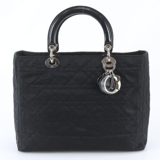 Dior Lady Dior Black Leather Nylon Handbag Shoulder Bag Tote Bag (Pre-Owned)