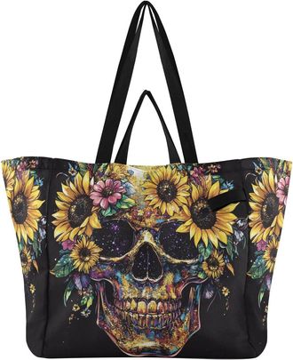 Generic Skull Yellow Sunflowers pattern Reusable Canvas Tote Bag, Heavy Duty Grocery Shopping Bag with Large Capacity Hard Bottom Double Handles Work Grocerie