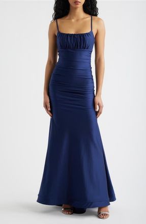 Emerald Sundae Emma Sateen Strappy Mermaid Gown in Navy at Nordstrom, Size Large