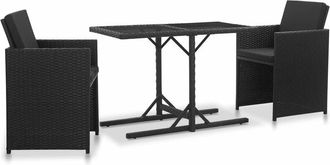 vidaXL Set Comedor De Jard&iacute;n 3 Piezas Y Cojines Rat&aacute;n Sint&eacute;tico Negro Vidaxl