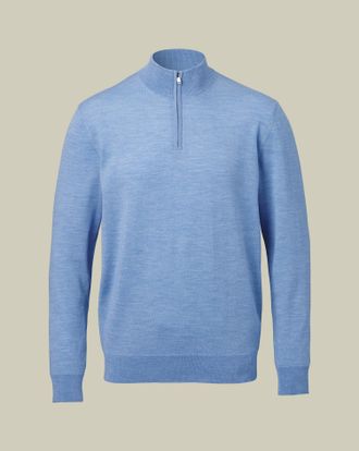 CHARLES TYRWHITT Pure Merino Zip Neck Wool Jumper - Cornflower Blue Size Large by Charles Tyrwhitt