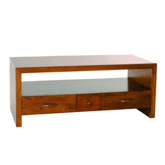 Macabane Mueble tv marr&oacute;n con 2 cajones grandes y 1 peque&ntilde;o de madera de mindi