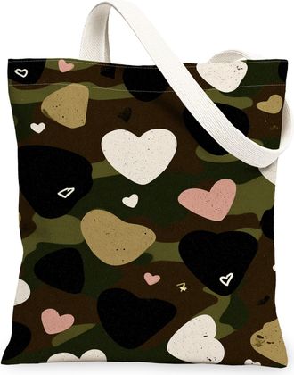 Generic Heart Pattern Canvas Tote Bags, Stylish Love Design Reusable Grocery Bags, Eco-Friendly Lightweight Washable Shoulder Strap, Black, 13x15 Inch