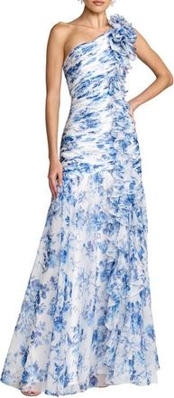 Mac Duggal Petite Ruched Floral Chiffon Gown With 3D Ruffles in Blue Multi at Nordstrom, Size 12