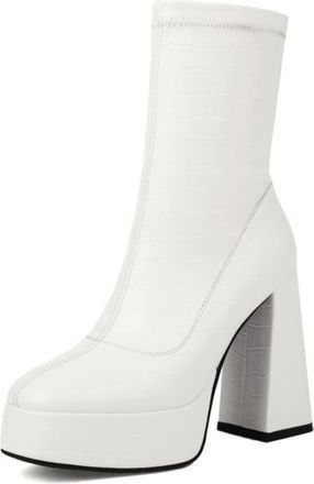 Generic Womens Ankle Boots With Crocodile Embossed Texture Chunky Block Heels Platform Sole Stretch Shaft Round Closed Toe Soft Inner Lining Durable Non-Slip 