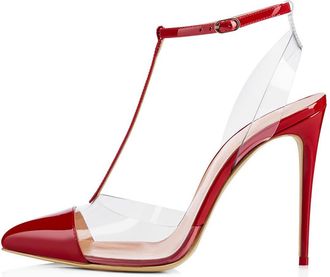 Generic Womans Fashion Pointed Toe Ankle Strap High Heel Sandals Sexy Stiletto Heel Rivet T-Strap PVC Dress Shoes Sandles for Bridal Evening Prom,Red,2.5 UK