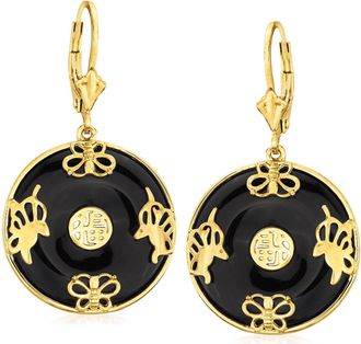 Ross-Simons Black Agate Good Fortune Butterfly Drop Earrings in 18kt Gold Over Sterling
