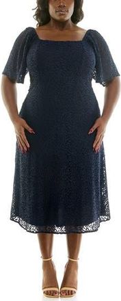 Nina Leonard Lace Flutter Sleeve Midi Dress in Navy at Nordstrom Rack, Size 3X
