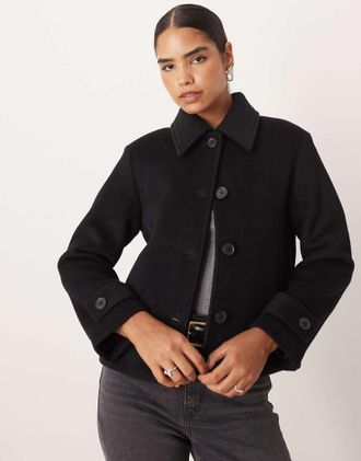 Abercrombie & Fitch Giacca taglio corto in misto lana nera con bottoni-Nero