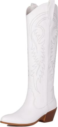 Generic Womens Over-The-Knee Cowboy Boots Decorative Embroidery Pointed Toe Block Heels Textured Upper Soft Lining Cushioned Insole Durable Outsole,White,6.5 