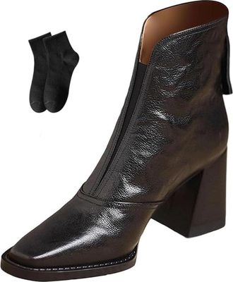 Generic Winter Shoes Womens Ankle Boot Short Leather Boots for Women Fall Winter Square Toe Retro Back Zip Chunky Heel Platform Boots Outdoor Comfortable Shoe