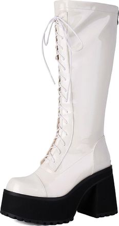 Generic Womens Lace Up Knee High Boots with Zipper Patent Leather Long Boots Block High Heel Platform Boot,White,5.5 UK
